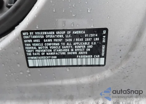 2014 Volkswagen Passat 2.0L Tdi Se from USA, damaged, VIN 1VWBN7A3XEC071396